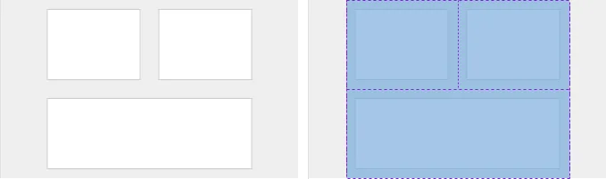 Two diagrams. On the left it shows a skeleton of an app with three boxes that have margin around them cause the boxes to have margin around all sides. On the right, the same diagram is shown highlighted to demonstrate the margin on all sides.